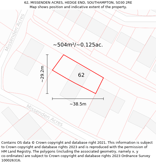 62, MISSENDEN ACRES, HEDGE END, SOUTHAMPTON, SO30 2RE: Plot and title map