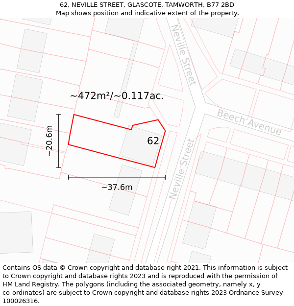 62, NEVILLE STREET, GLASCOTE, TAMWORTH, B77 2BD: Plot and title map