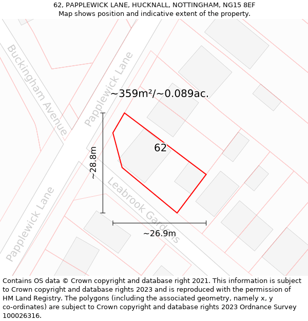 62, PAPPLEWICK LANE, HUCKNALL, NOTTINGHAM, NG15 8EF: Plot and title map