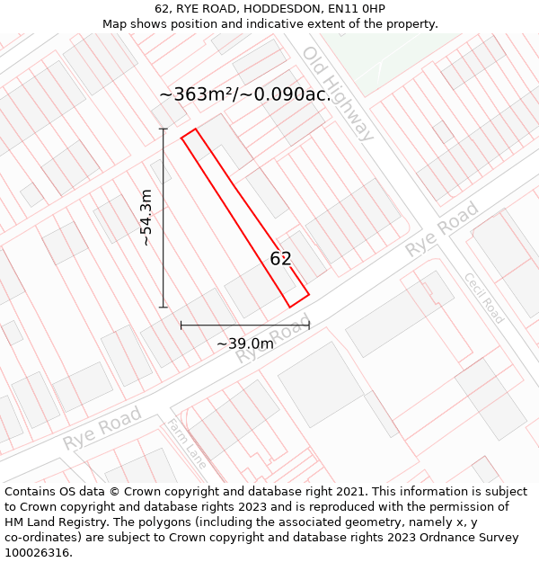 62, RYE ROAD, HODDESDON, EN11 0HP: Plot and title map