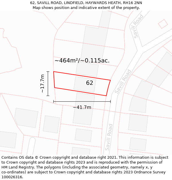 62, SAVILL ROAD, LINDFIELD, HAYWARDS HEATH, RH16 2NN: Plot and title map