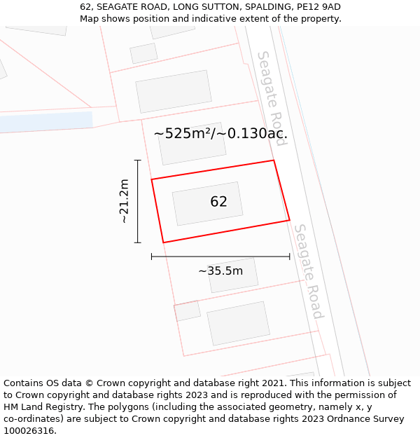 62, SEAGATE ROAD, LONG SUTTON, SPALDING, PE12 9AD: Plot and title map