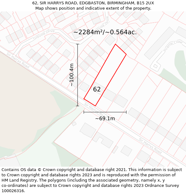 62, SIR HARRYS ROAD, EDGBASTON, BIRMINGHAM, B15 2UX: Plot and title map