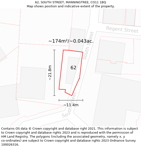 62, SOUTH STREET, MANNINGTREE, CO11 1BQ: Plot and title map