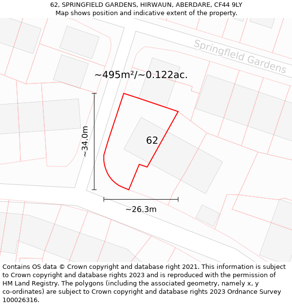 62, SPRINGFIELD GARDENS, HIRWAUN, ABERDARE, CF44 9LY: Plot and title map