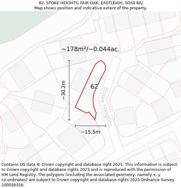 62, STOKE HEIGHTS, FAIR OAK, EASTLEIGH, SO50 8AJ: Plot and title map