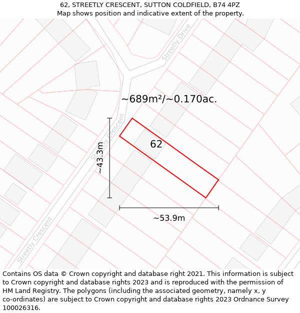 62, STREETLY CRESCENT, SUTTON COLDFIELD, B74 4PZ: Plot and title map