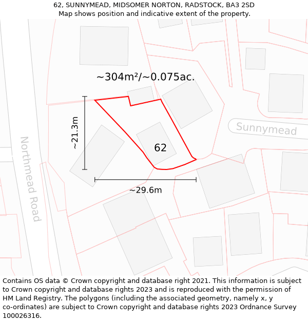 62, SUNNYMEAD, MIDSOMER NORTON, RADSTOCK, BA3 2SD: Plot and title map