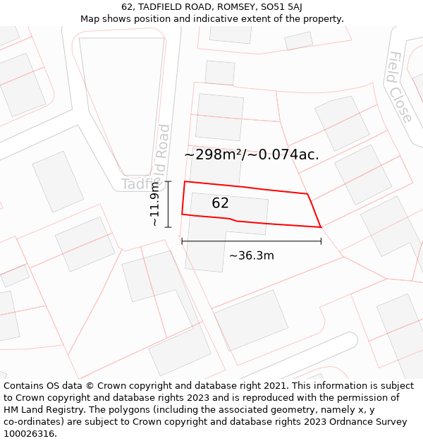 62, TADFIELD ROAD, ROMSEY, SO51 5AJ: Plot and title map