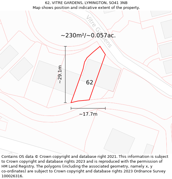 62, VITRE GARDENS, LYMINGTON, SO41 3NB: Plot and title map