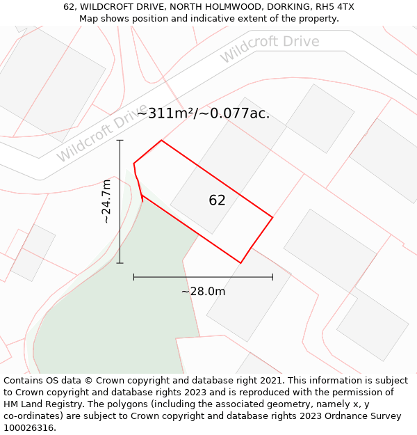 62, WILDCROFT DRIVE, NORTH HOLMWOOD, DORKING, RH5 4TX: Plot and title map