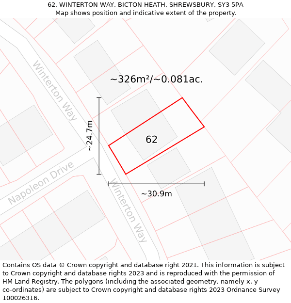 62, WINTERTON WAY, BICTON HEATH, SHREWSBURY, SY3 5PA: Plot and title map