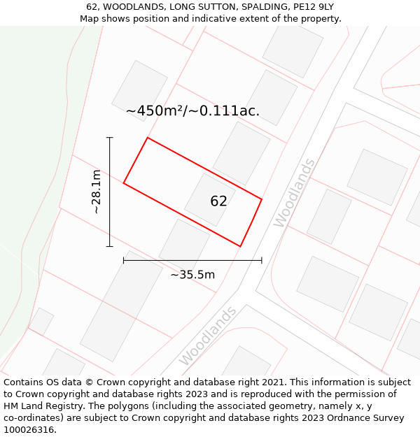 62, WOODLANDS, LONG SUTTON, SPALDING, PE12 9LY: Plot and title map