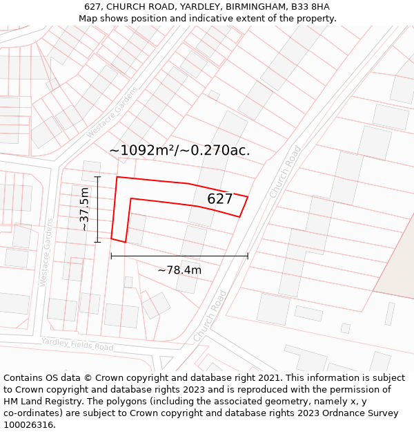 627, CHURCH ROAD, YARDLEY, BIRMINGHAM, B33 8HA: Plot and title map