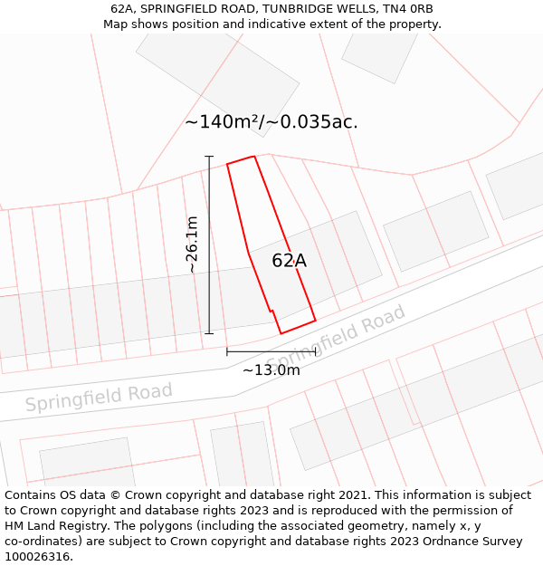 62A, SPRINGFIELD ROAD, TUNBRIDGE WELLS, TN4 0RB: Plot and title map