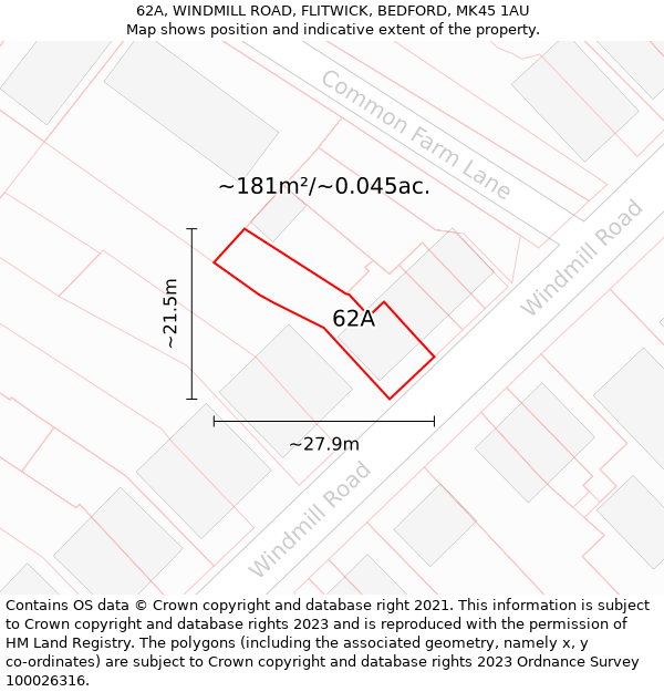 62A, WINDMILL ROAD, FLITWICK, BEDFORD, MK45 1AU: Plot and title map