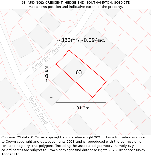 63, ARDINGLY CRESCENT, HEDGE END, SOUTHAMPTON, SO30 2TE: Plot and title map