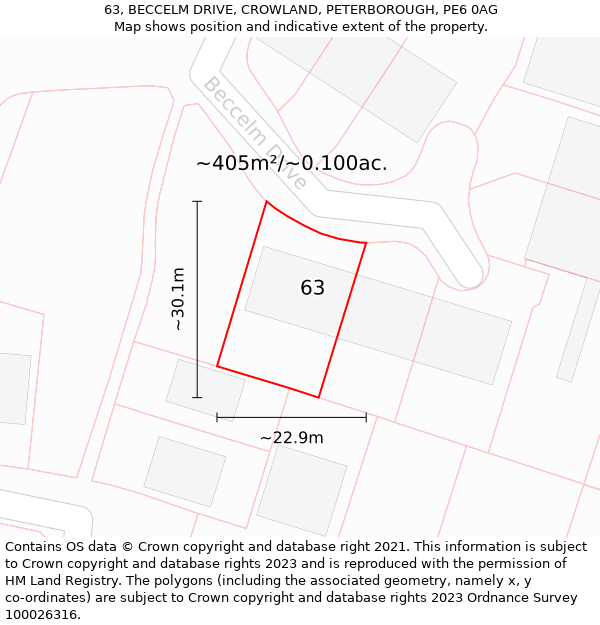 63, BECCELM DRIVE, CROWLAND, PETERBOROUGH, PE6 0AG: Plot and title map