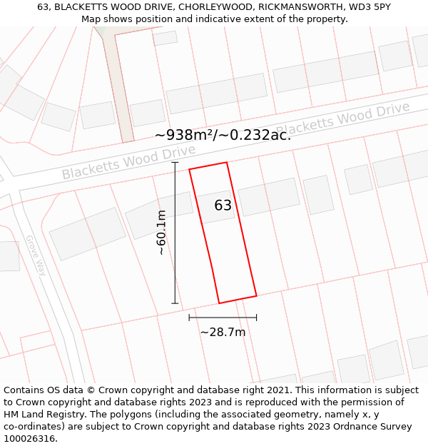 63, BLACKETTS WOOD DRIVE, CHORLEYWOOD, RICKMANSWORTH, WD3 5PY: Plot and title map