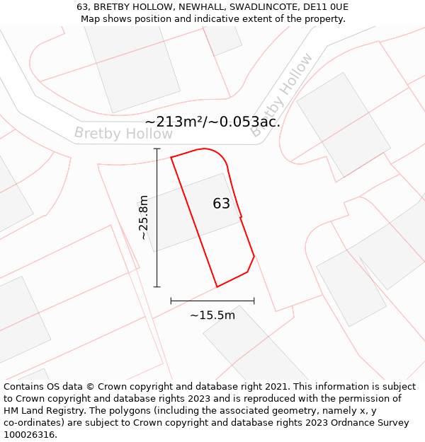 63, BRETBY HOLLOW, NEWHALL, SWADLINCOTE, DE11 0UE: Plot and title map