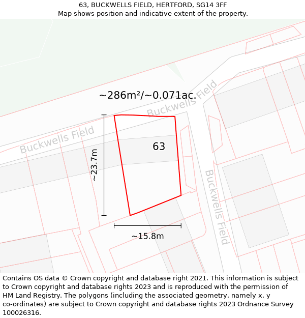 63, BUCKWELLS FIELD, HERTFORD, SG14 3FF: Plot and title map