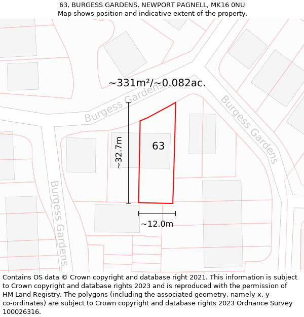 63, BURGESS GARDENS, NEWPORT PAGNELL, MK16 0NU: Plot and title map