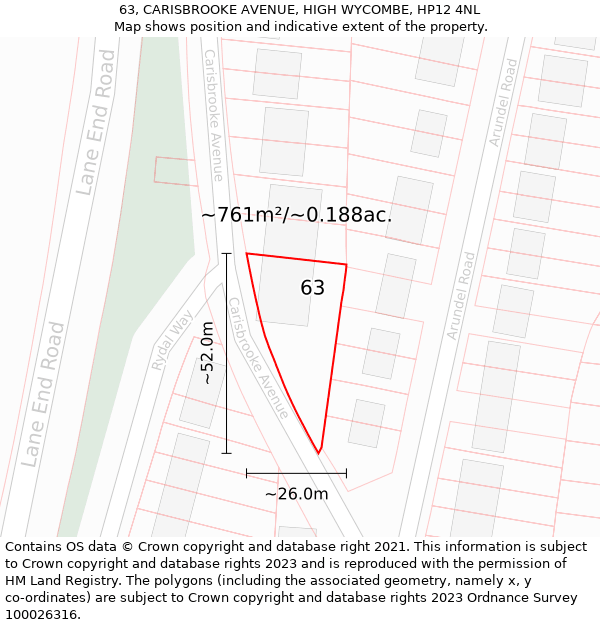 63, CARISBROOKE AVENUE, HIGH WYCOMBE, HP12 4NL: Plot and title map