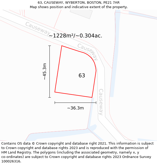 63, CAUSEWAY, WYBERTON, BOSTON, PE21 7AR: Plot and title map