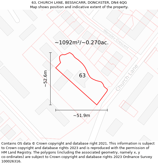 63, CHURCH LANE, BESSACARR, DONCASTER, DN4 6QG: Plot and title map