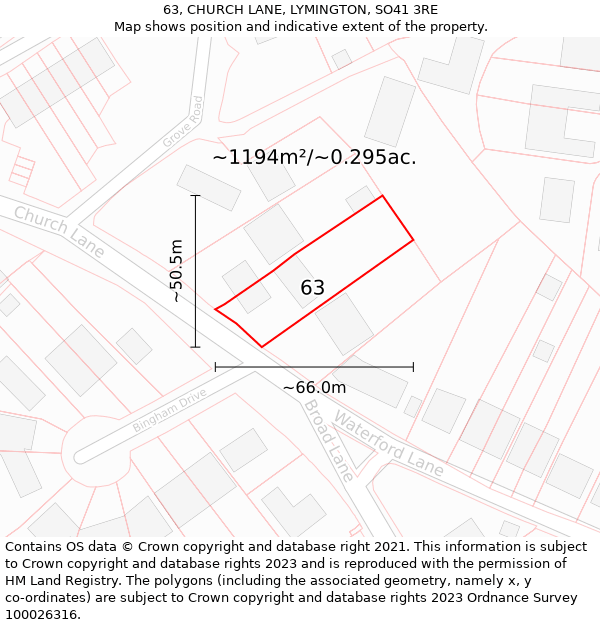 63, CHURCH LANE, LYMINGTON, SO41 3RE: Plot and title map