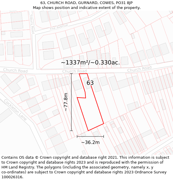 63, CHURCH ROAD, GURNARD, COWES, PO31 8JP: Plot and title map