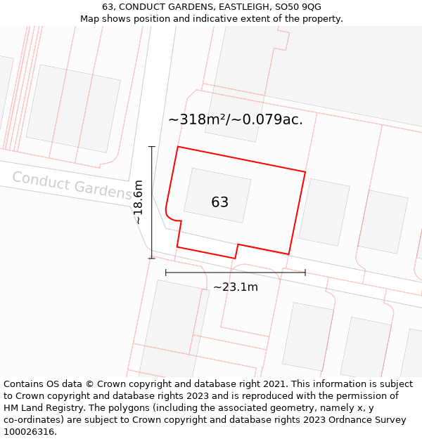 63, CONDUCT GARDENS, EASTLEIGH, SO50 9QG: Plot and title map
