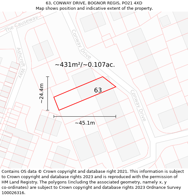 63, CONWAY DRIVE, BOGNOR REGIS, PO21 4XD: Plot and title map