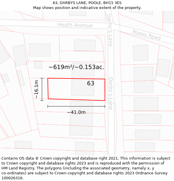 63, DARBYS LANE, POOLE, BH15 3ES: Plot and title map