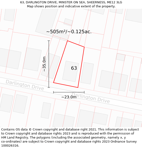 63, DARLINGTON DRIVE, MINSTER ON SEA, SHEERNESS, ME12 3LG: Plot and title map