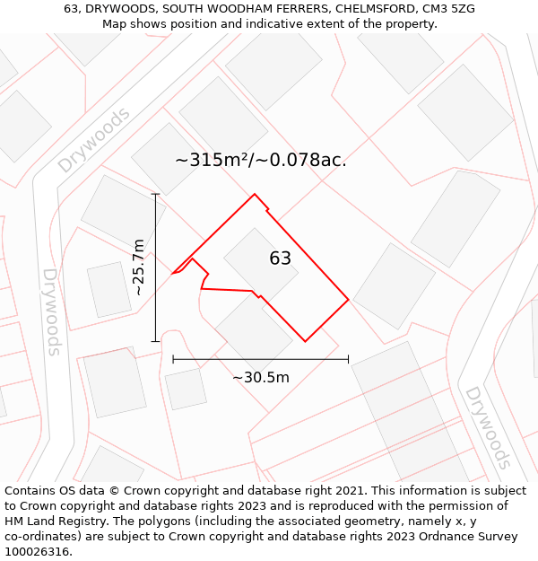 63, DRYWOODS, SOUTH WOODHAM FERRERS, CHELMSFORD, CM3 5ZG: Plot and title map