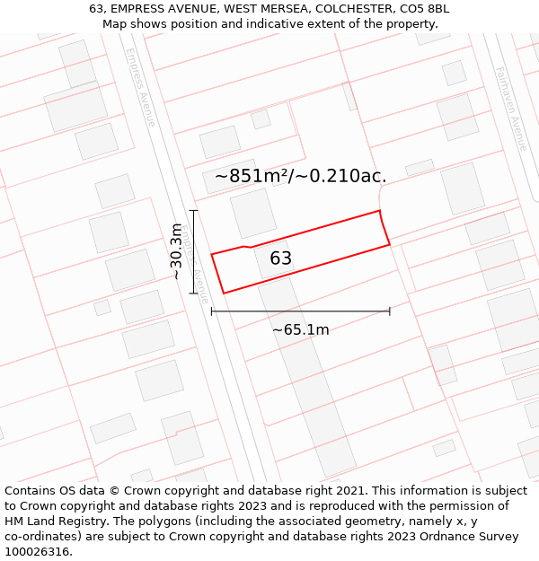 63, EMPRESS AVENUE, WEST MERSEA, COLCHESTER, CO5 8BL: Plot and title map