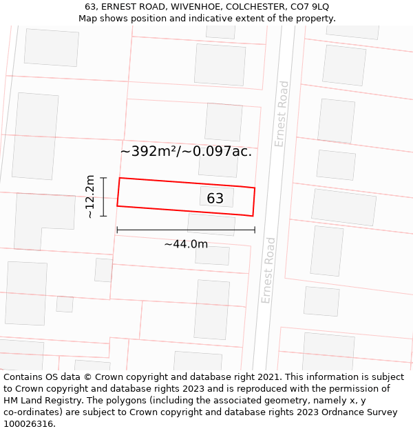 63, ERNEST ROAD, WIVENHOE, COLCHESTER, CO7 9LQ: Plot and title map