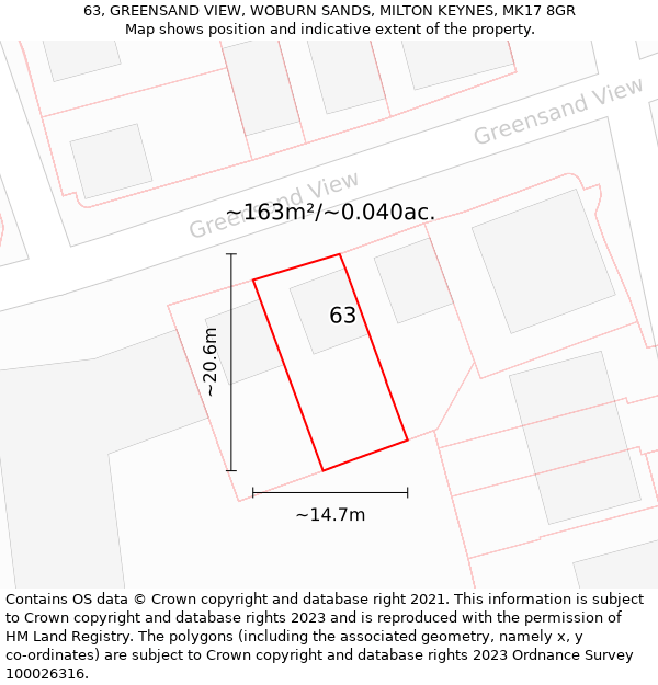 63, GREENSAND VIEW, WOBURN SANDS, MILTON KEYNES, MK17 8GR: Plot and title map