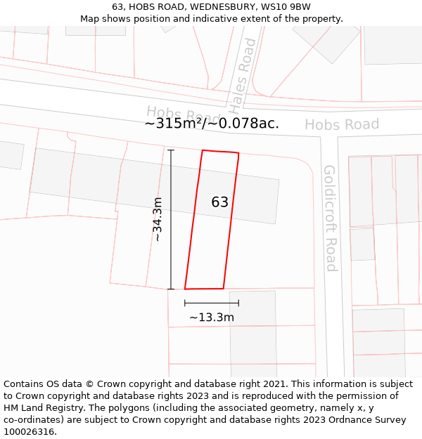 63, HOBS ROAD, WEDNESBURY, WS10 9BW: Plot and title map