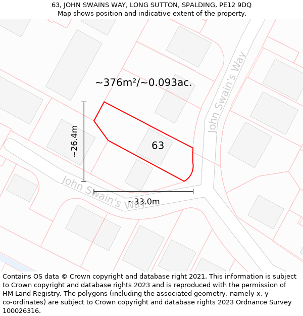 63, JOHN SWAINS WAY, LONG SUTTON, SPALDING, PE12 9DQ: Plot and title map