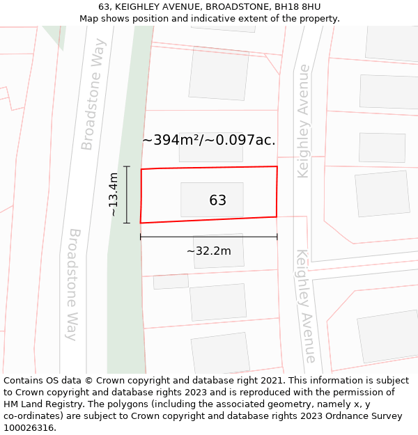63, KEIGHLEY AVENUE, BROADSTONE, BH18 8HU: Plot and title map