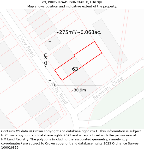 63, KIRBY ROAD, DUNSTABLE, LU6 3JH: Plot and title map