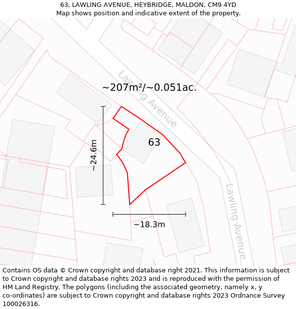 63, LAWLING AVENUE, HEYBRIDGE, MALDON, CM9 4YD: Plot and title map