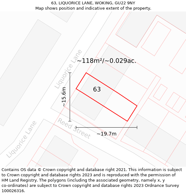 63, LIQUORICE LANE, WOKING, GU22 9NY: Plot and title map