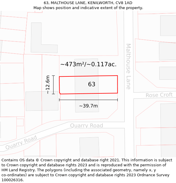 63, MALTHOUSE LANE, KENILWORTH, CV8 1AD: Plot and title map