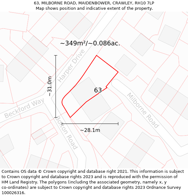 63, MILBORNE ROAD, MAIDENBOWER, CRAWLEY, RH10 7LP: Plot and title map