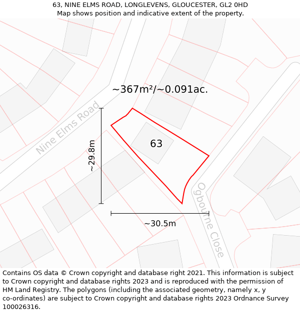 63, NINE ELMS ROAD, LONGLEVENS, GLOUCESTER, GL2 0HD: Plot and title map