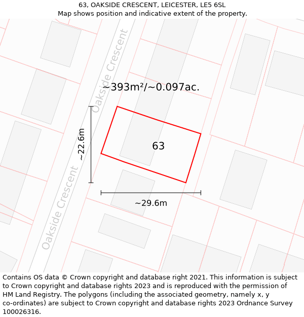 63, OAKSIDE CRESCENT, LEICESTER, LE5 6SL: Plot and title map