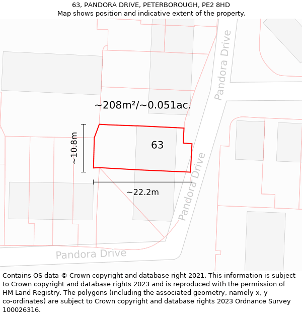 63, PANDORA DRIVE, PETERBOROUGH, PE2 8HD: Plot and title map